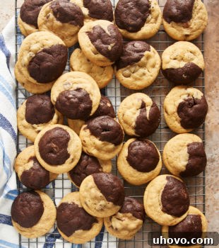 overhead view of Chocolate Peanut Butter Swirl Cookies on a wire cooling rack