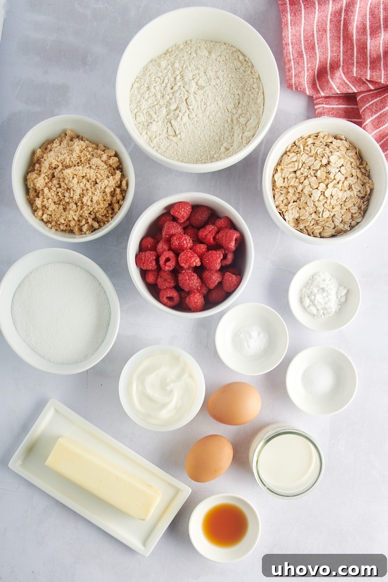 Overhead view of all ingredients for raspberry oat muffins neatly arranged in bowls on a white surface.