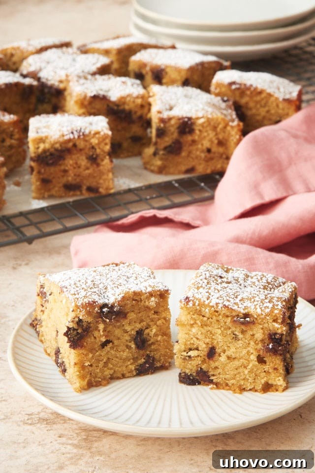 Chocolate Chip slices of Cookie Butter Snack Cake on a white and beige plate, showcasing its golden crumb and melted chocolate chips.