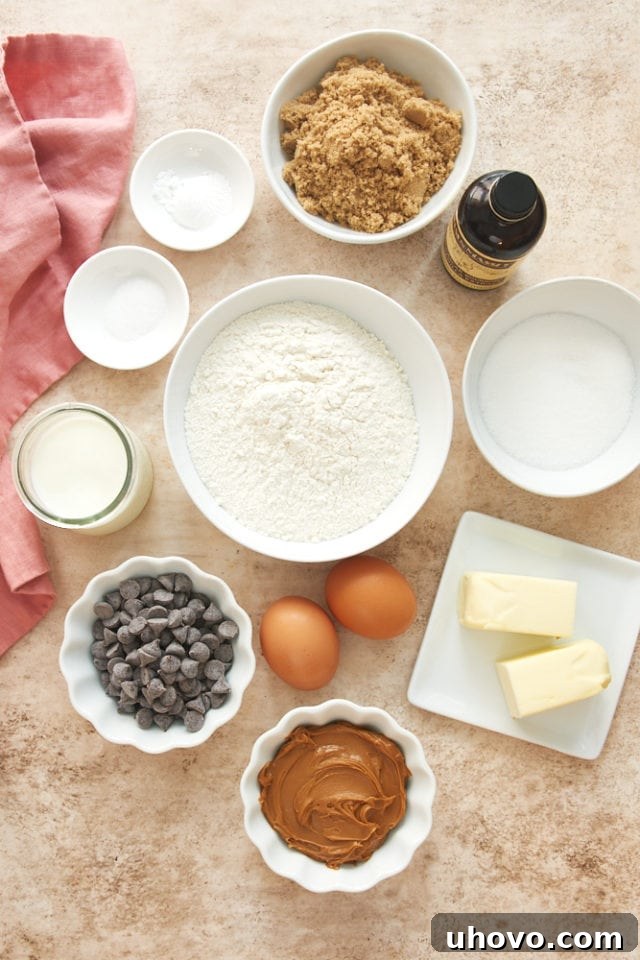 Arrangement of ingredients for Chocolate Chip Cookie Butter Snack Cake, including flour, sugar, eggs, butter, milk, chocolate chips, and a jar of cookie butter.