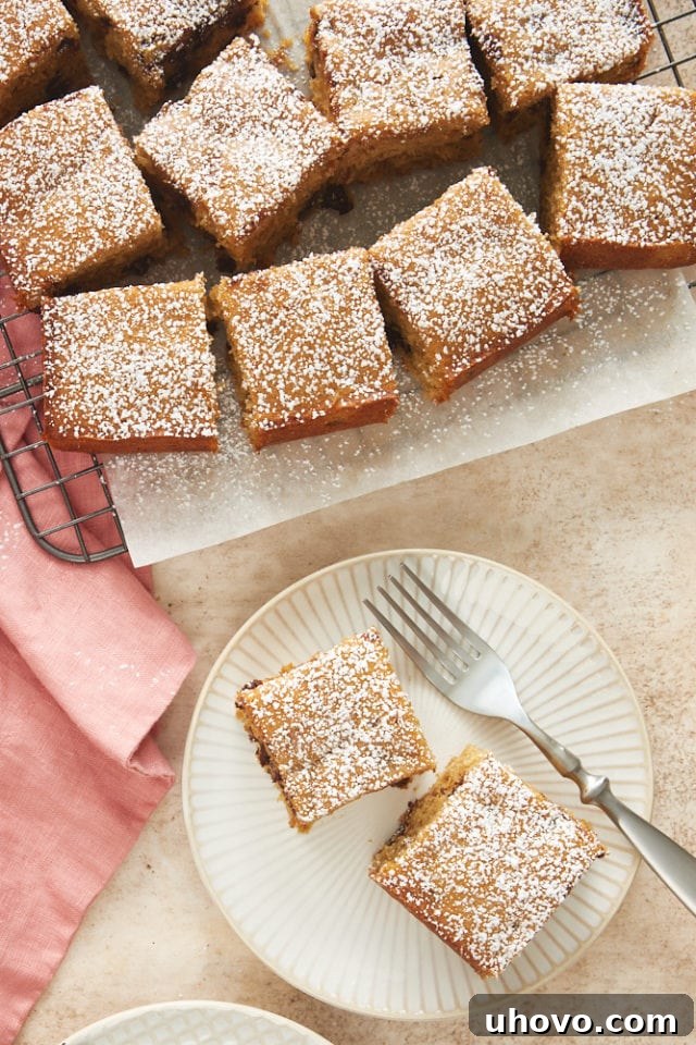 Multiple slices of Chocolate Chip Cookie Butter Snack Cake arranged on a white and beige plate, with a whole cake cooling on a wire rack in the background.