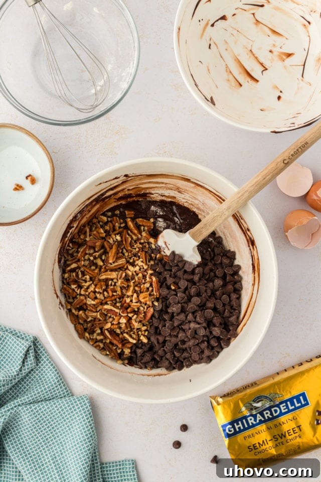 A delicious overhead perspective of pecans and semi-sweet chocolate chips being folded into a bowl of rich double chocolate cookie dough.