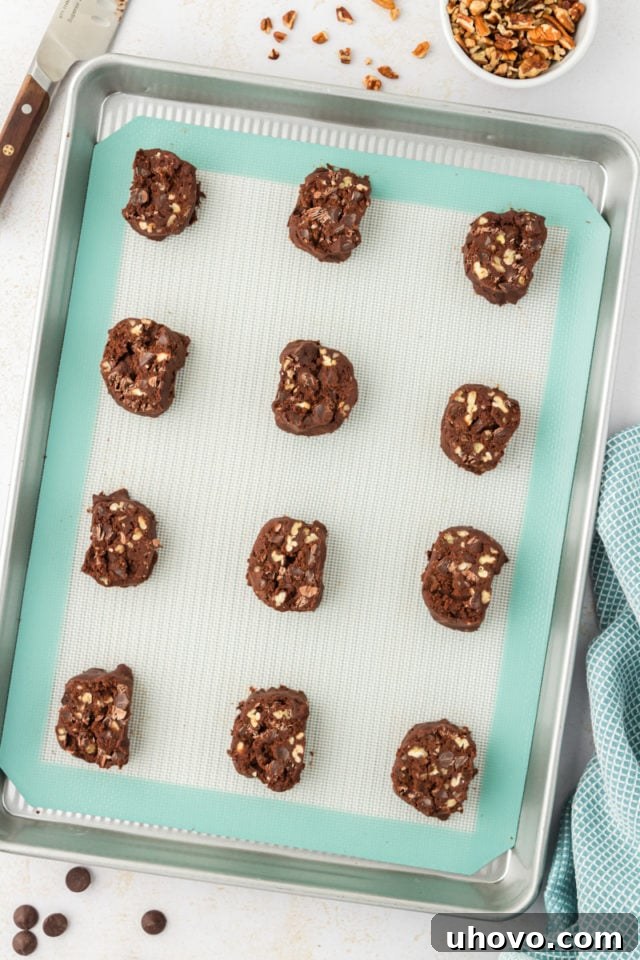 A pristine overhead view of unbaked double chocolate cookies, perfectly spaced on a baking sheet, poised for their culinary transformation.