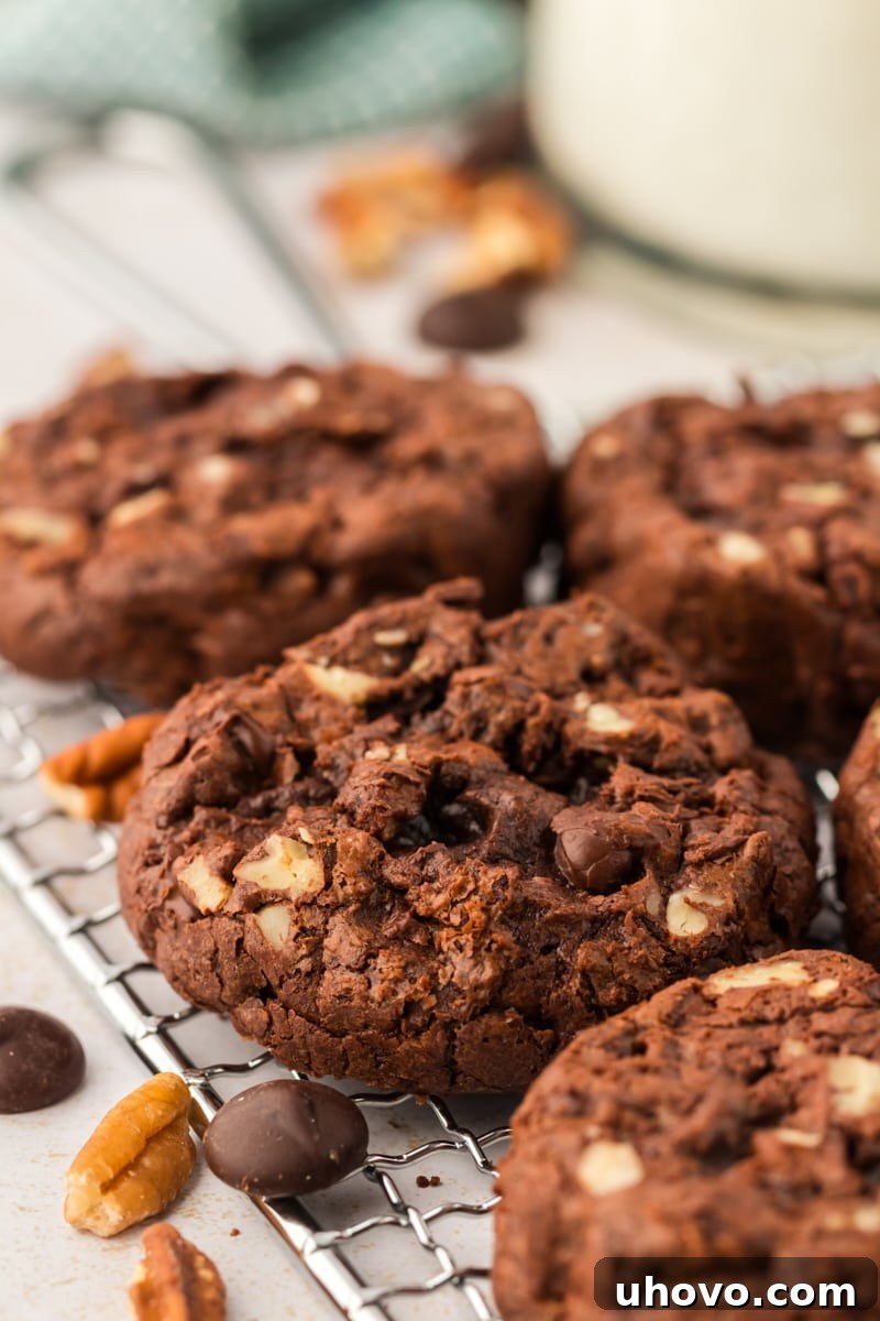 An enticing close-up of thick and chewy double chocolate cookies resting on a wire rack, highlighting their rich texture and perfect bake.