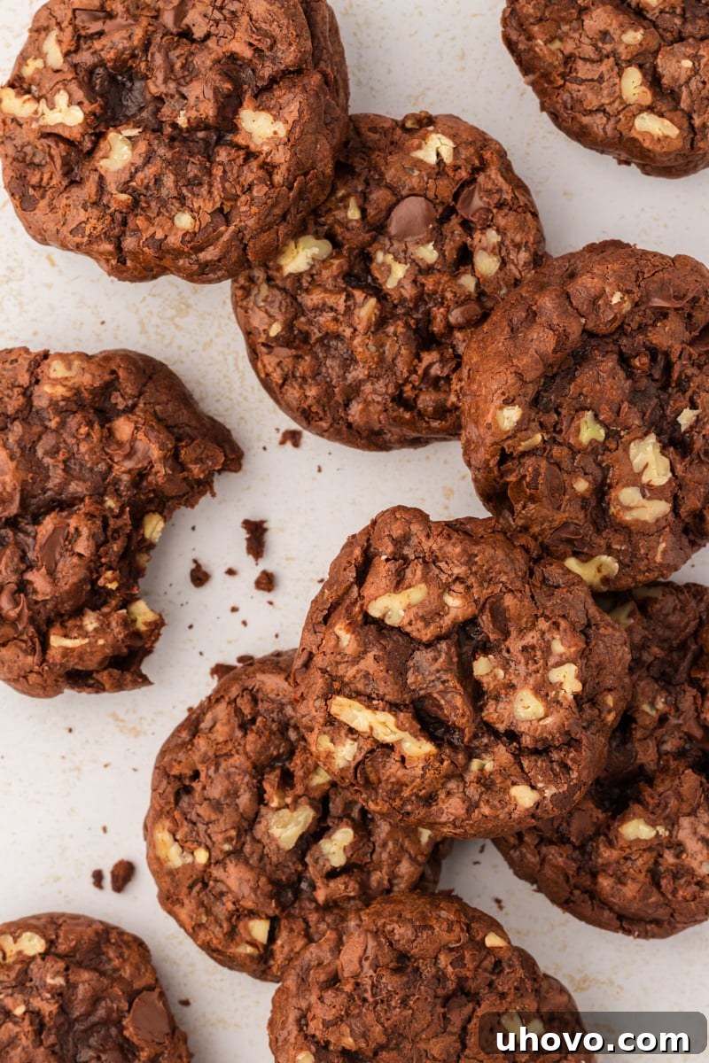 An inviting overhead view of a batch of perfectly baked double chocolate cookies, showcasing their rich, dark hue and tempting texture.