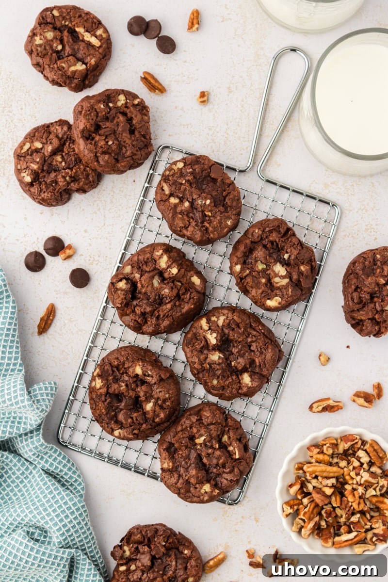 An overhead shot showcasing freshly baked double chocolate cookies arranged artfully on a wire rack and a pristine countertop.