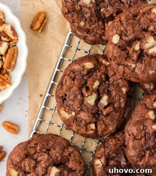 Overhead view of double chocolate cookies on wire rack