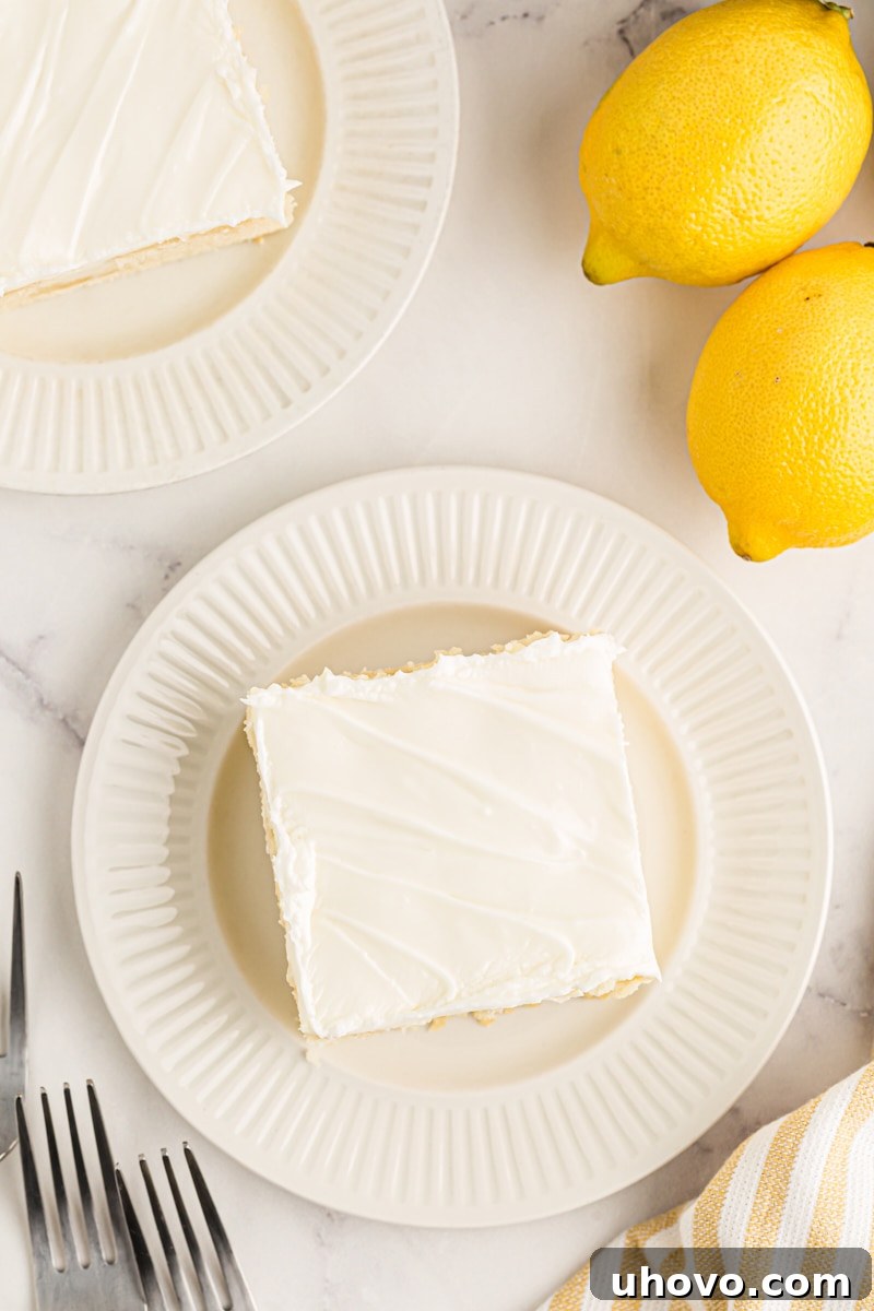 An overhead view of two exquisitely presented slices of lemon cake, each on a pristine white plate, highlighting the cake's vibrant yellow hue and delicate frosting.