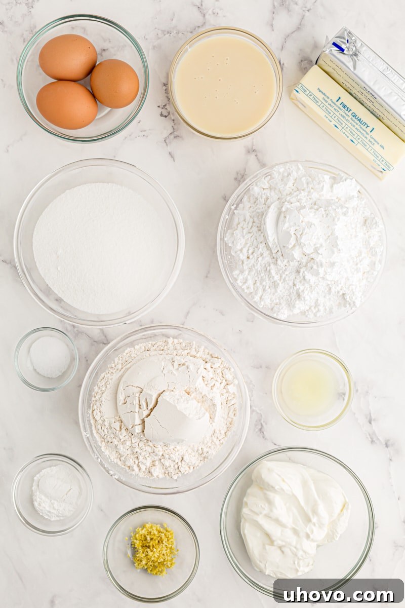 An overhead shot showcasing all the fresh, high-quality ingredients meticulously laid out for crafting a homemade lemon poke cake, ready for assembly.