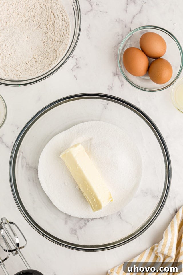 An overhead shot capturing butter and granulated sugar creaming together in a clear glass bowl, showcasing the start of a rich, airy cake batter.