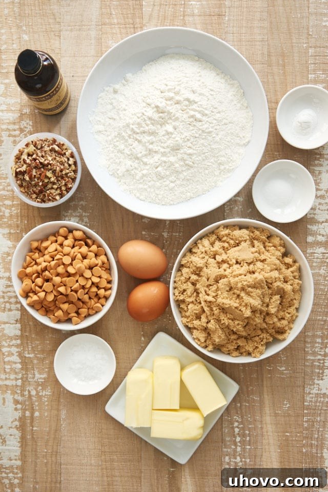 overhead view of ingredients for Salted Butterscotch Blondies laid out on a surface