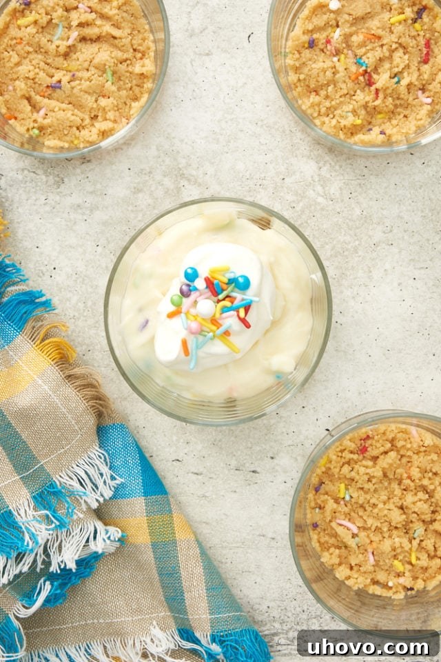 An overhead shot of a finished Celebration No-Bake Cheesecake, complete with sprinkles and ready to serve.