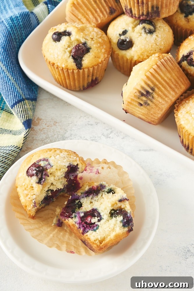 A freshly baked pineapple blueberry muffin, perfectly split in half, revealing its tender crumb and juicy blueberries on a white plate.