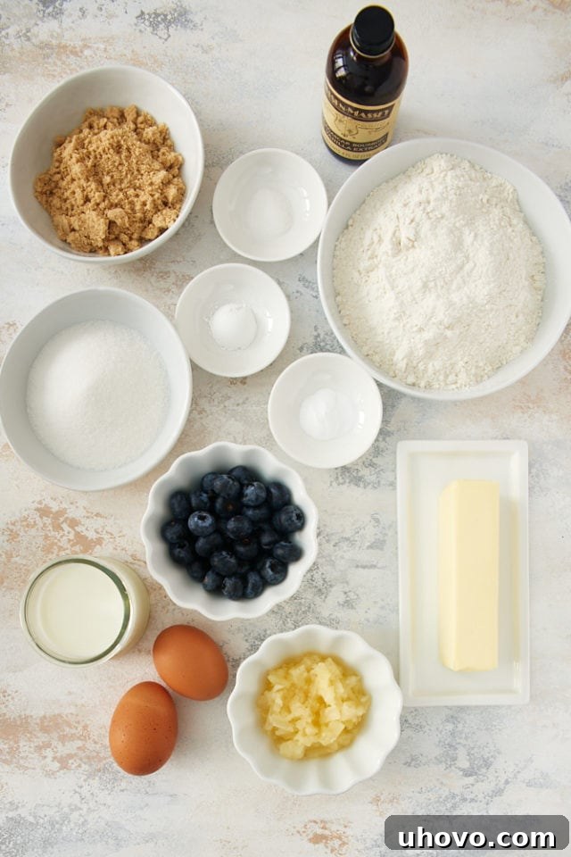 Carefully arranged ingredients for Pineapple Blueberry Muffins, ready for mixing.