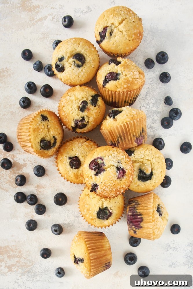 Overhead view of golden Pineapple Blueberry Muffins on a rustic beige surface, perfectly baked and ready to enjoy.