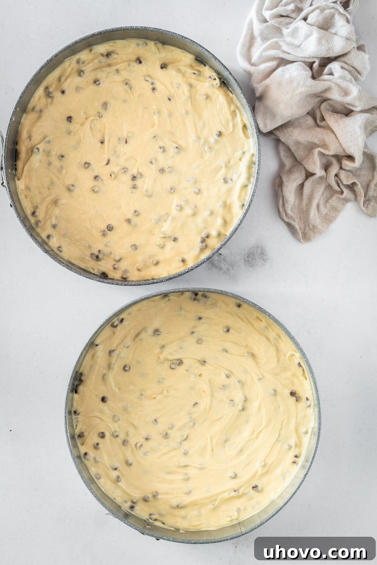 An overhead shot of Chocolate Chip Cake batter neatly divided into two round cake pans, ready for baking.