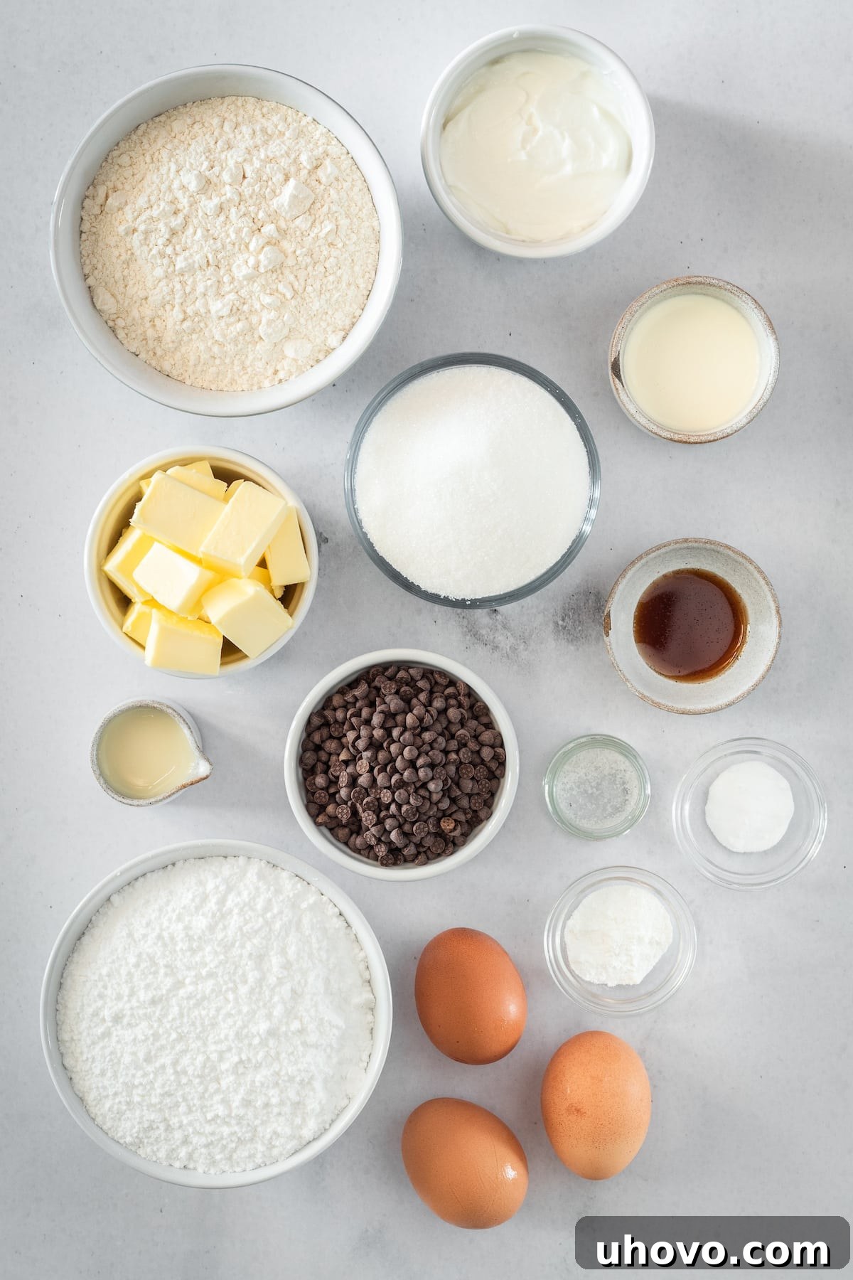 An overhead shot showcasing all the essential ingredients for a Chocolate Chip Cake laid out on a surface, inviting bakers to begin.
