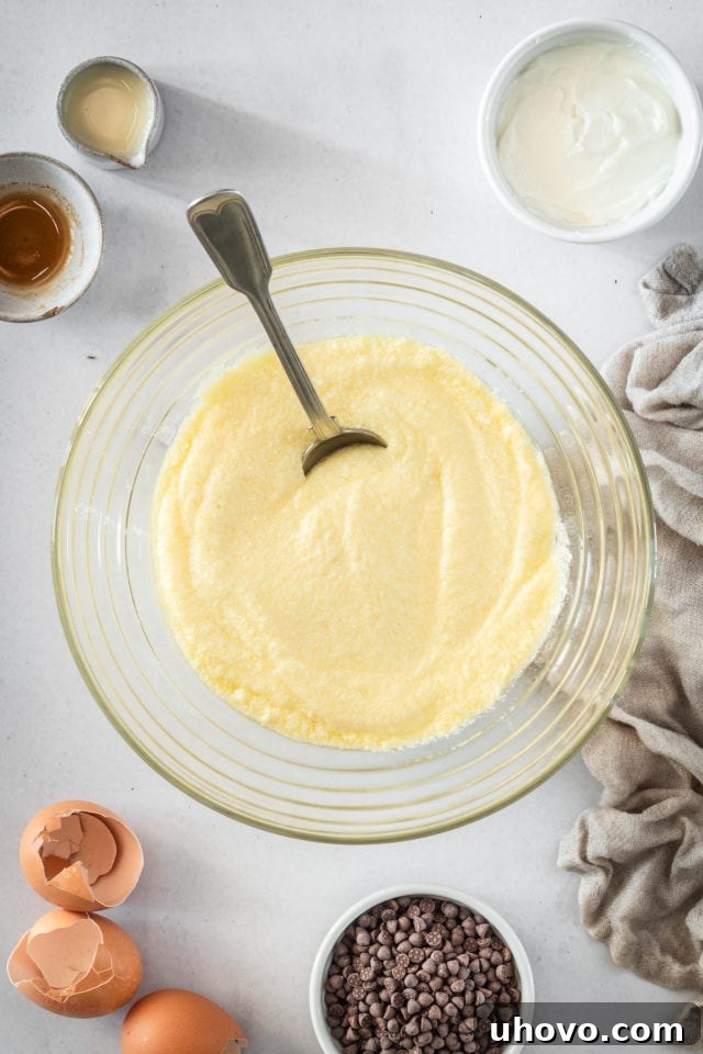 An electric mixer actively mixing the cake batter in a glass bowl, showing the consistency of the ingredients coming together.