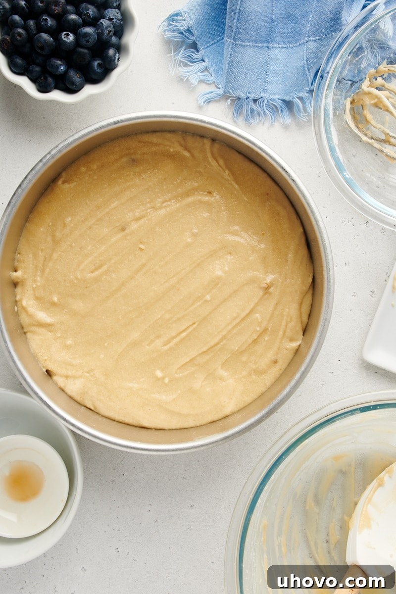 Cake batter poured into a round baking pan, with a bowl of fresh blueberries visible in the background, ready to be added.