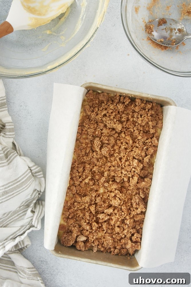 A close-up view of the Sour Cream Coffee Cake Loaf nestled in its loaf pan, topped with a generous layer of cinnamon crumbs, perfectly prepared and ready to be placed in the oven.