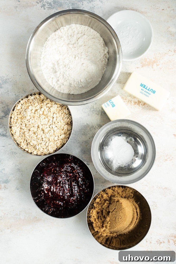 overhead view of ingredients for Raspberry Bars