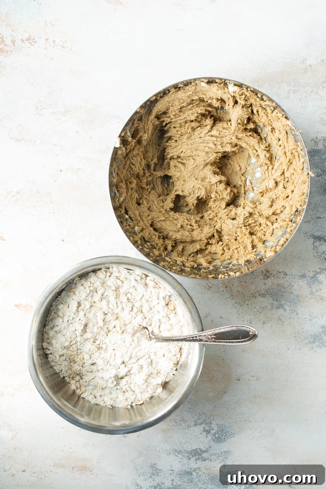 Overhead view of dry crust ingredients and creamed butter and sugar in bowls