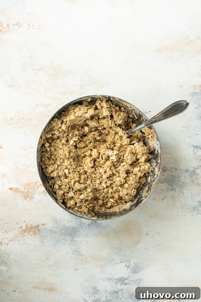 overhead view of crust mixture for Raspberry Bars