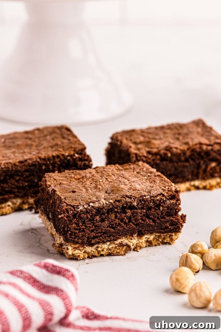 Three Nutella brownies with shortbread crust on countertop
