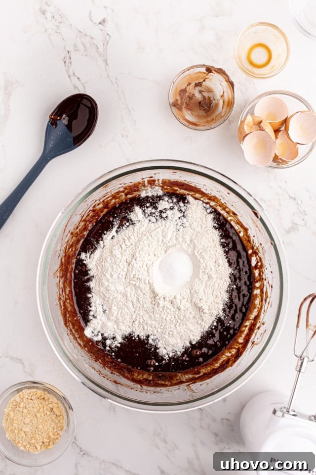 Overhead view of flour and salt being gently folded into the rich brownie batter.