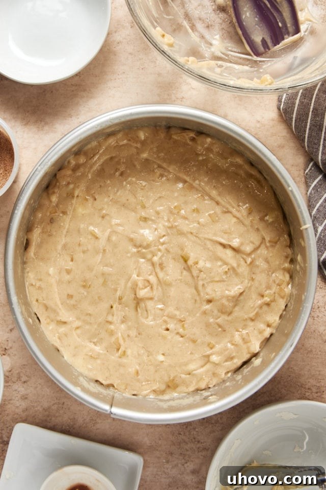 Cinnamon Pear Cake batter evenly spread in a greased springform pan, ready for its topping.