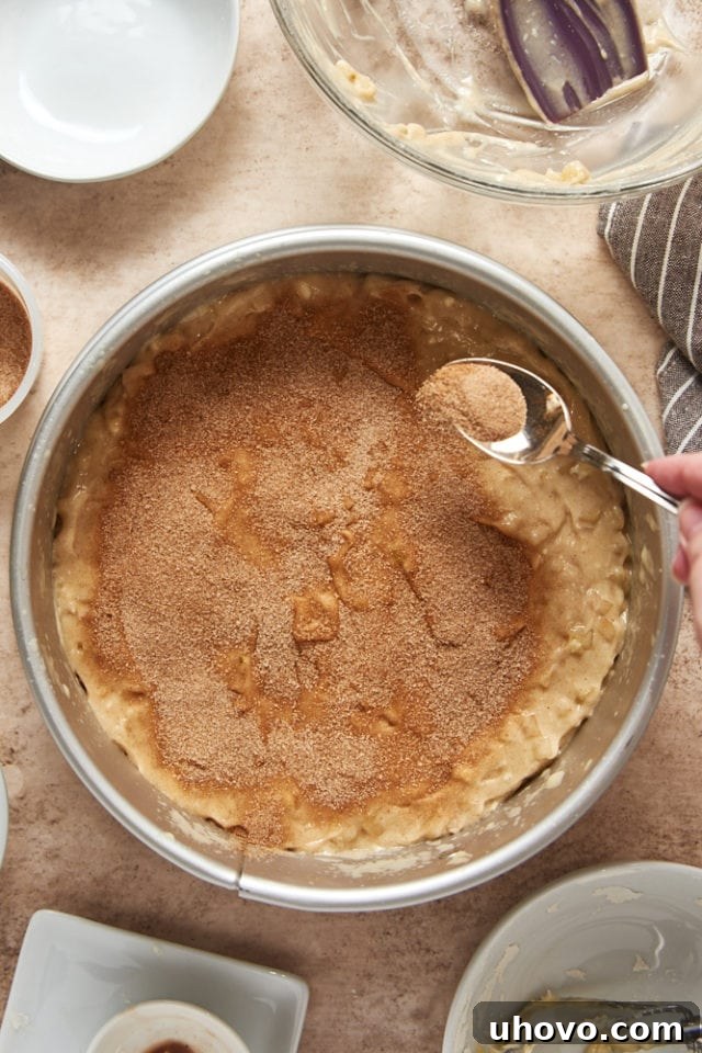 Cinnamon-sugar mixture generously sprinkled over the Cinnamon Pear Cake batter in a springform pan, creating a beautiful golden crust.