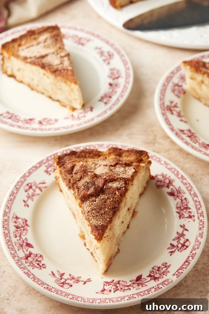 Several slices of freshly baked Cinnamon Pear Cake arranged on elegant floral-rimmed white plates, ready to be served and enjoyed.