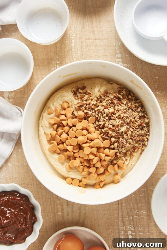 Overhead view of chopped nuts and butterscotch chips being gently stirred into the brown sugar cake batter.