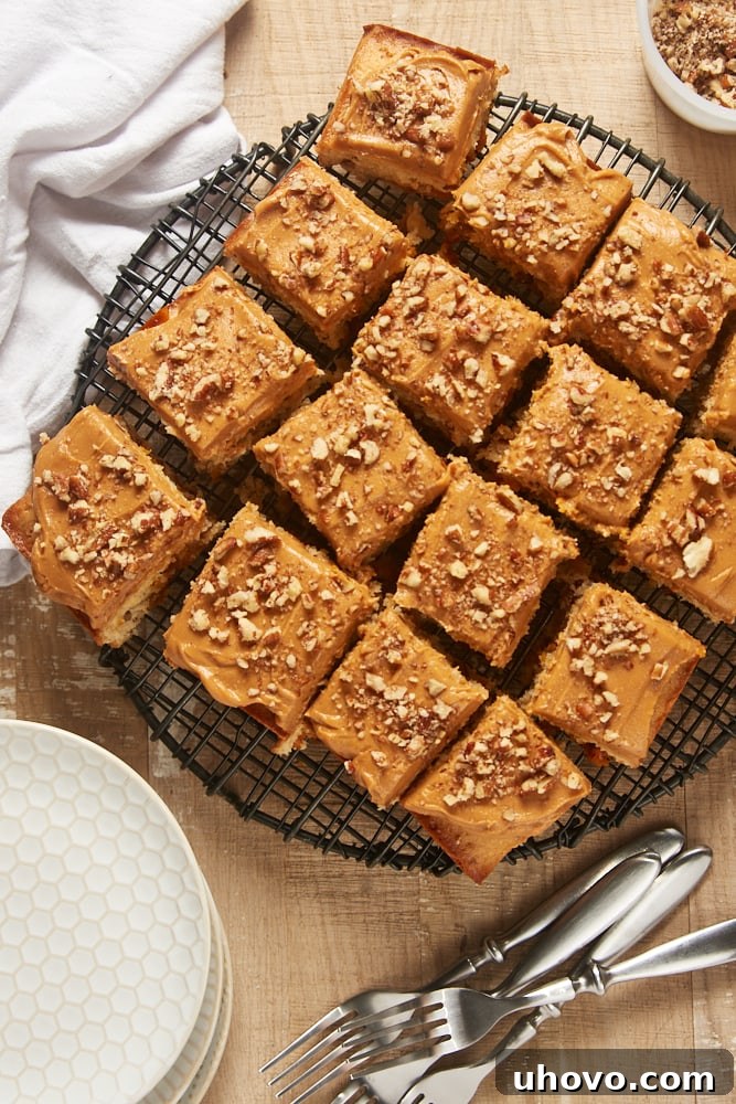 Overhead view of a freshly frosted Brown Sugar Snack Cake cooling on a wire rack, garnished with chopped nuts.