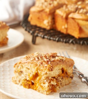 slice of brown sugar cake on a white and beige plate