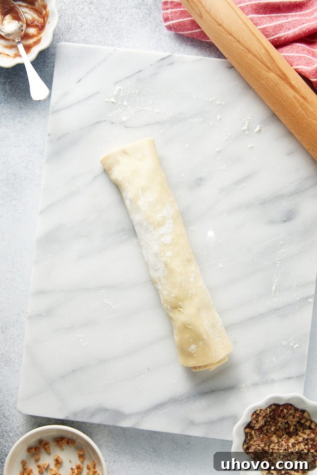 overhead view of Apple Butter Pinwheels rolled and ready to cut