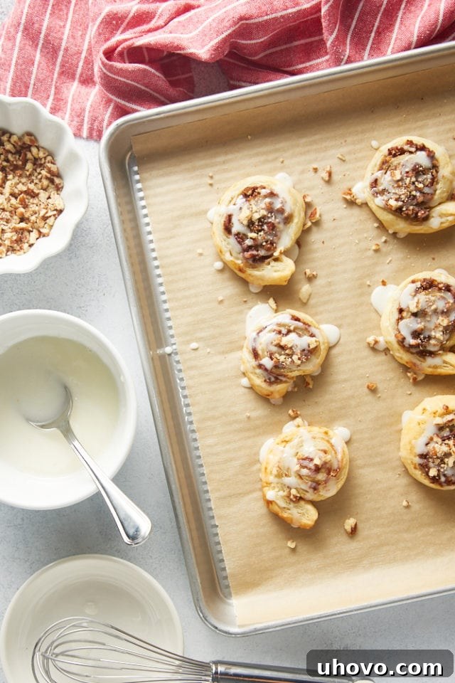 overhead view of freshly glazed Apple Butter Pinwheels