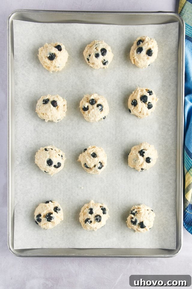 Overhead view of portions of blueberry drop biscuit dough neatly scooped onto a parchment-lined baking sheet.