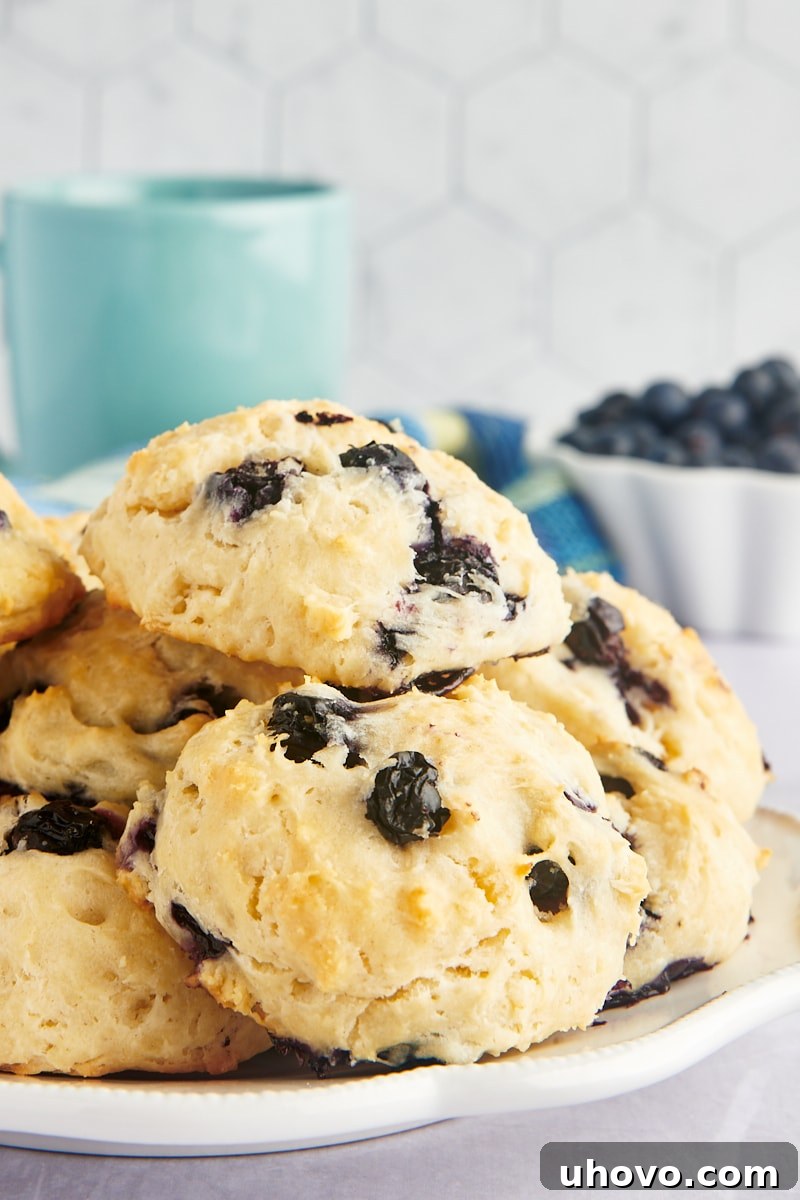 A close-up stack of three golden-brown blueberry biscuits on a white plate, highlighting their soft texture.