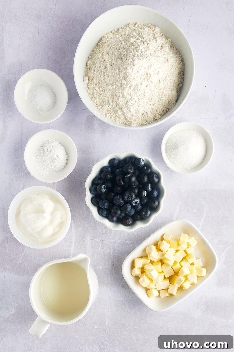 Overhead view of all the ingredients for blueberry biscuits laid out on a light wooden surface, including flour, sugar, butter, sour cream, milk, and fresh blueberries.