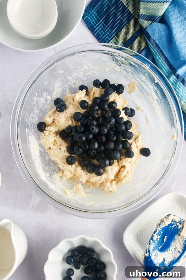 Overhead view of fresh blueberries being gently folded into a bowl of biscuit dough.