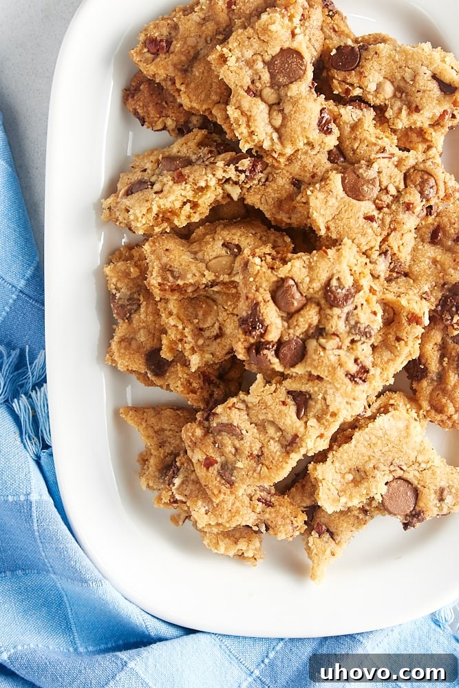 Overhead view of glistening Triple Chocolate Chip Cookie Brittle pieces scattered on a elegant white tray, showcasing their irregular shapes and generous chocolate chunks.