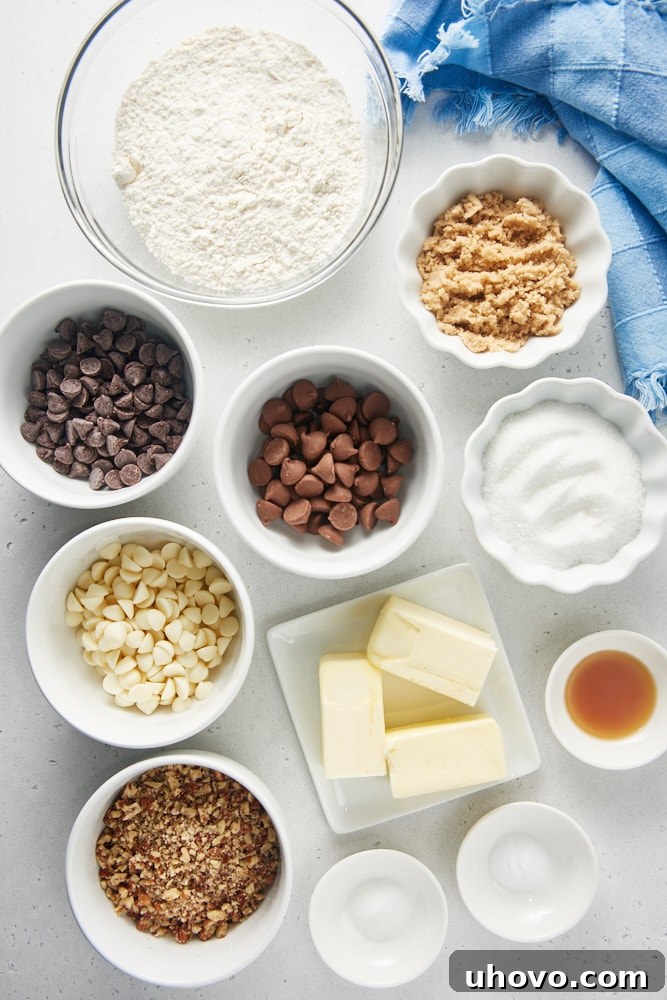 Overhead shot displaying the foundational ingredients for Triple Chocolate Chip Cookie Brittle: flour, sugar, melted butter, and various chocolate chips, all arranged neatly.