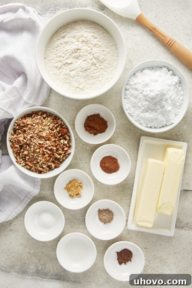 An overhead shot showcasing the various dry ingredients laid out for baking Nutty Spiced Snowdrop Cookies, including flour, sugar, and an assortment of whole and ground spices, ready to be combined.