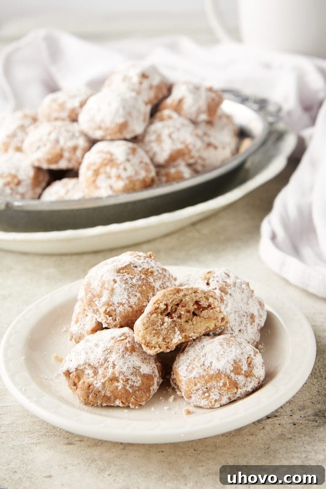 A single Nutty Spiced Snowball Cookie rests delicately on a small white plate, with a rustic bowl brimming with more cookies visible softly in the background.