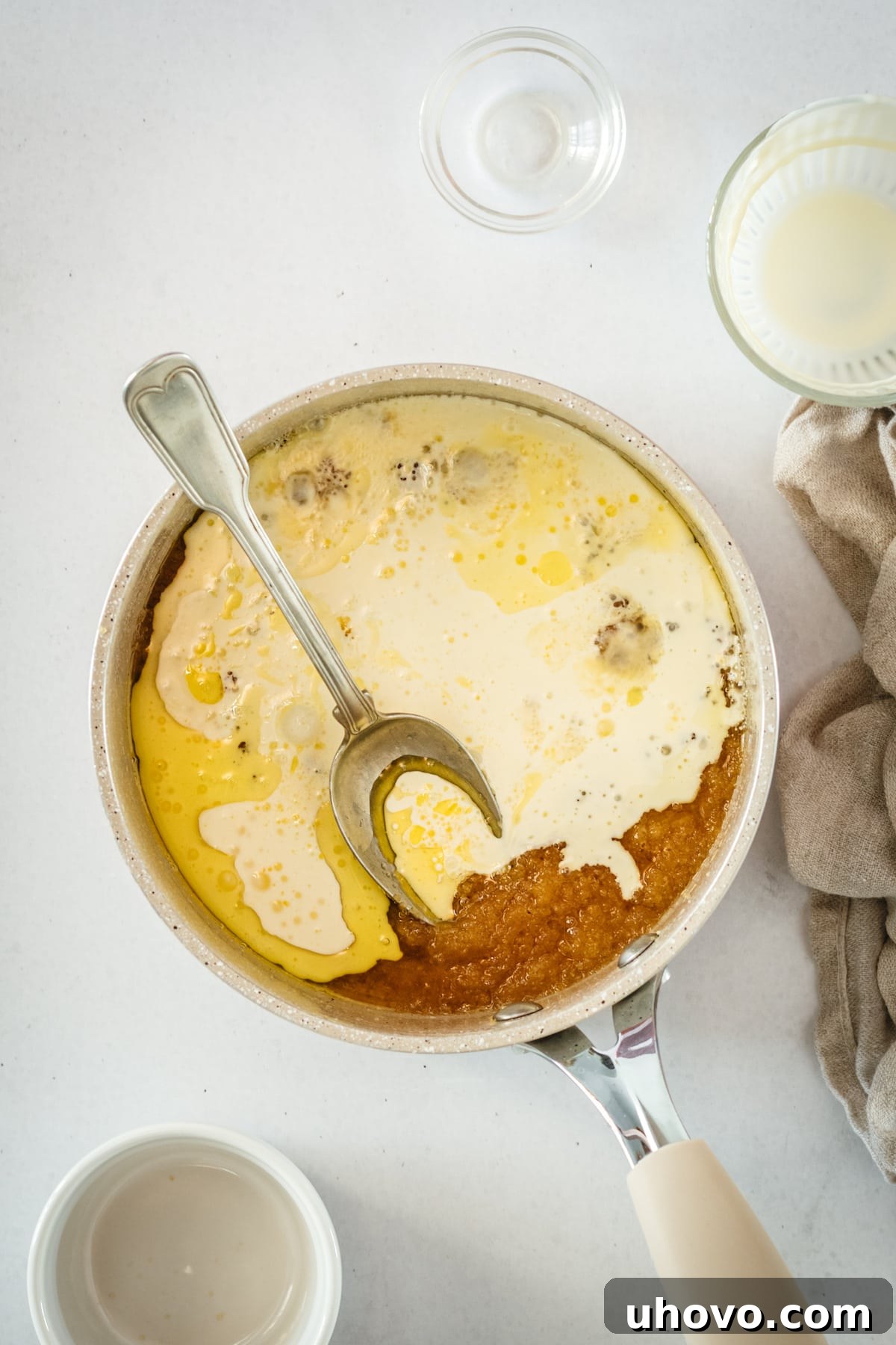 Overhead view of butterscotch ingredients in saucepan