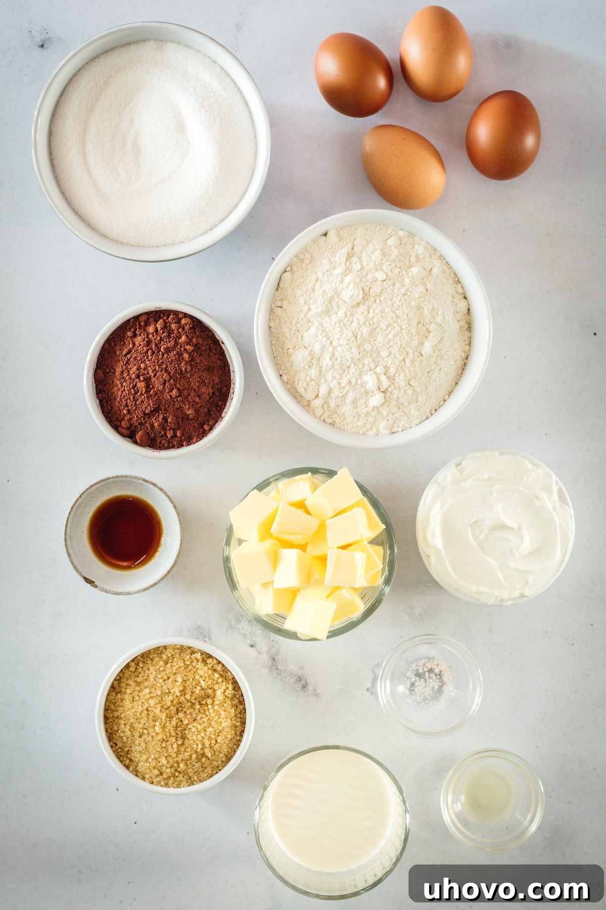 Overhead view of Mini Chocolate Pound Cake and Butterscotch Glaze ingredients
