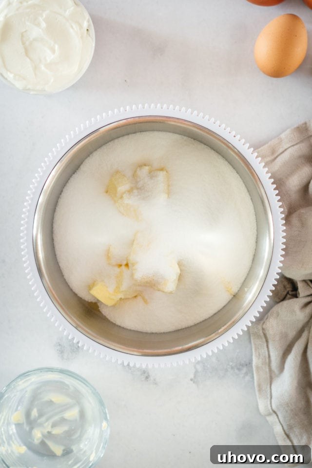 Overhead view of butter and sugar in mixing bowl before beating