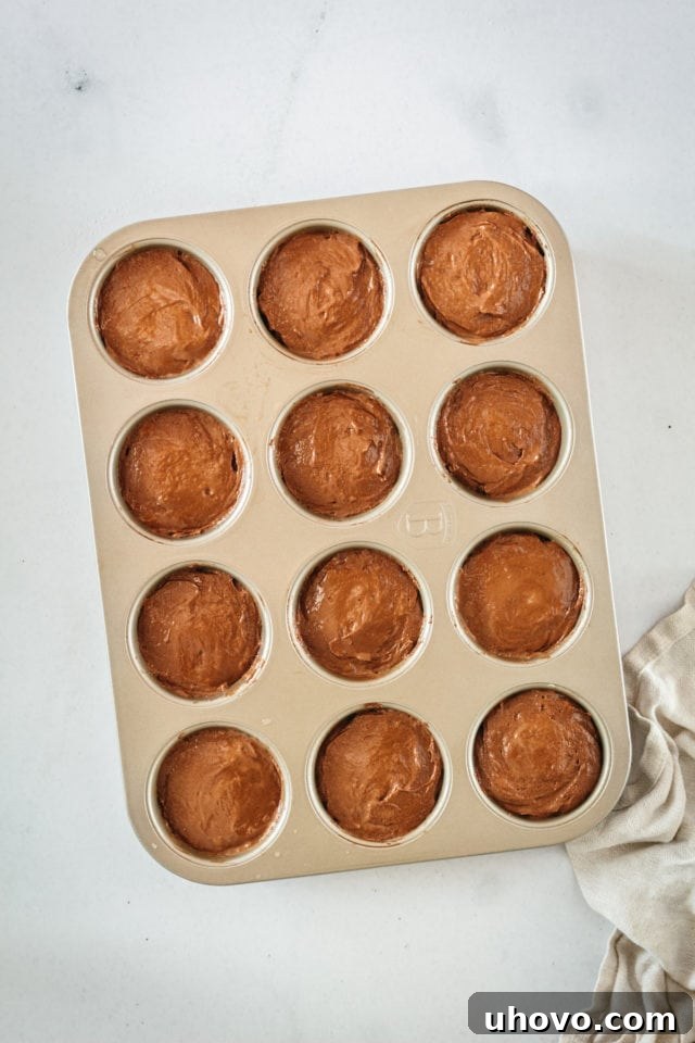 Overhead view of cake batter in muffin tin