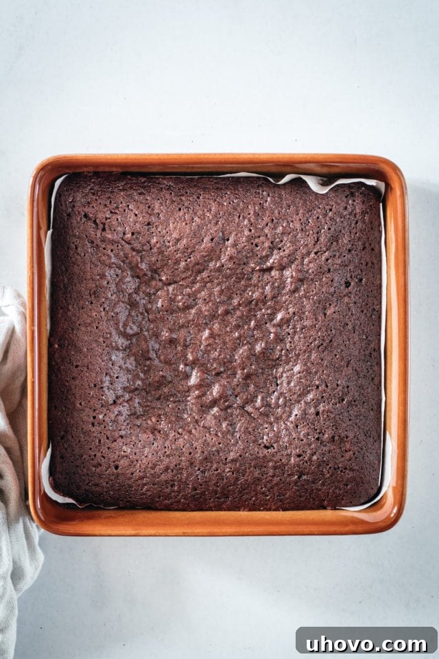 Overhead view of brownies baked in square pan